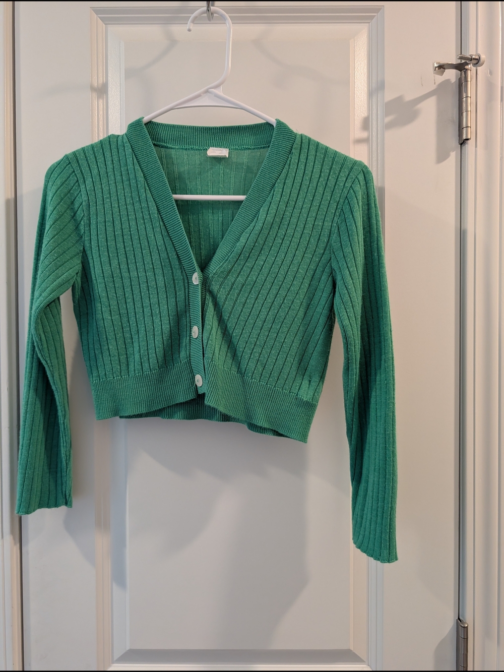 Girl's Green Ribbed Button-Front Cropped Sweater Cardigan